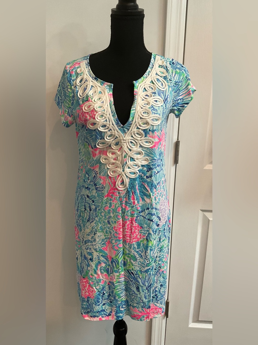 Lilly Pulitzer Blue, Pink & Green Tropical Embroidered V-Neck Coverup